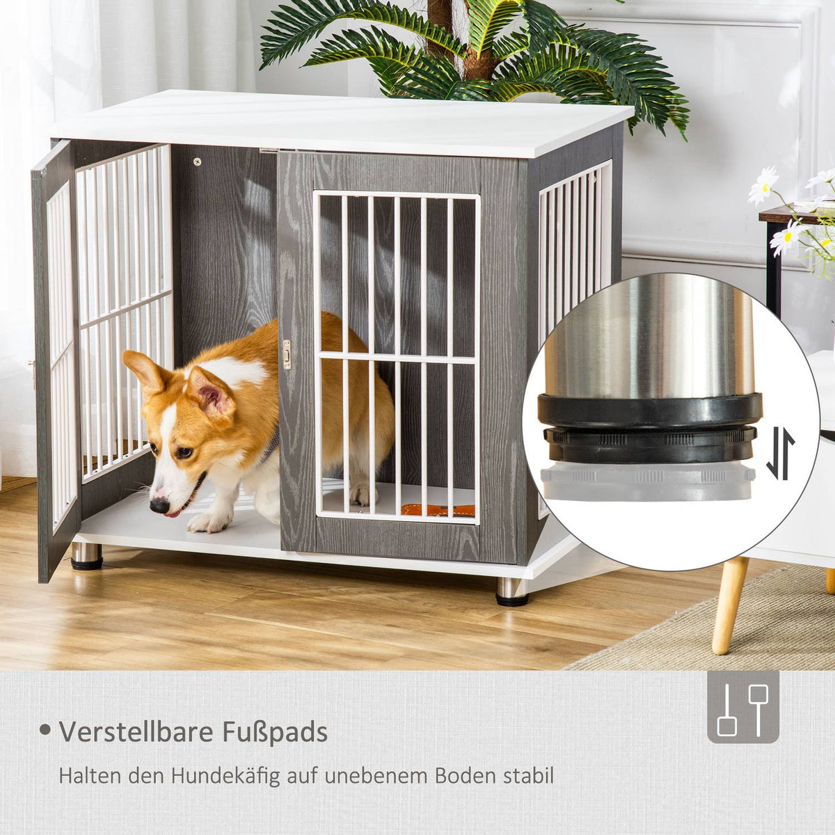 Wooden Dog Kennel Transport Box With Table Top & Cushion, Small Animal Cage, Side Table, Grey+White, 85X55X75Cm