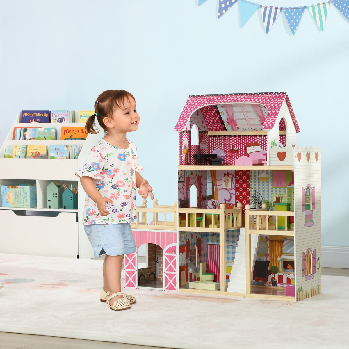 Wooden Dollhouse, 3 Tier Playhouse, 13 Pieces of Furniture, Removable Garage, Slides & Balcony, 36" Tall Dollhouse for 3-6 Years Kids, Pink