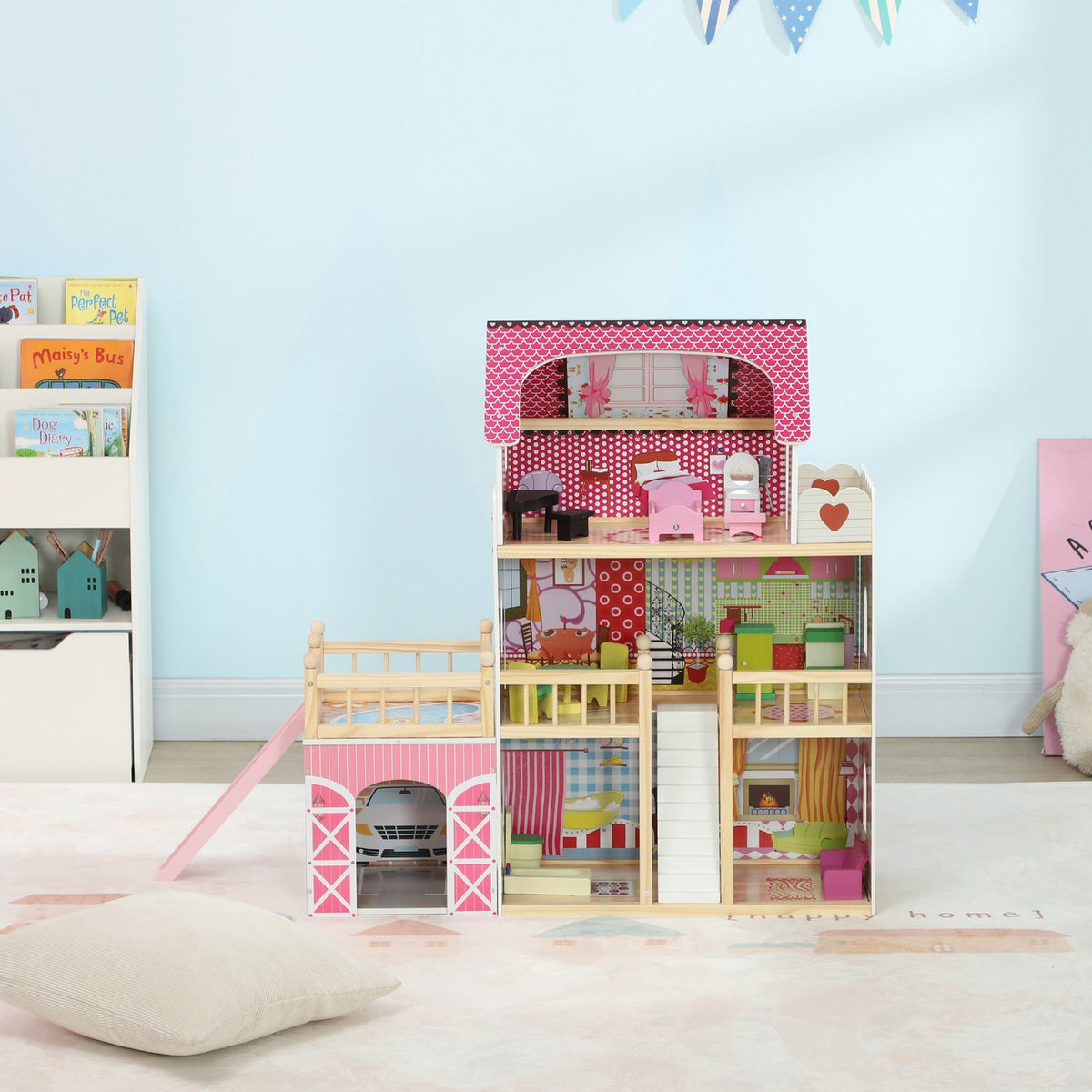 Wooden Dollhouse, 3 Tier Playhouse, 13 Pieces of Furniture, Removable Garage, Slides & Balcony, 36" Tall Dollhouse for 3-6 Years Kids, Pink