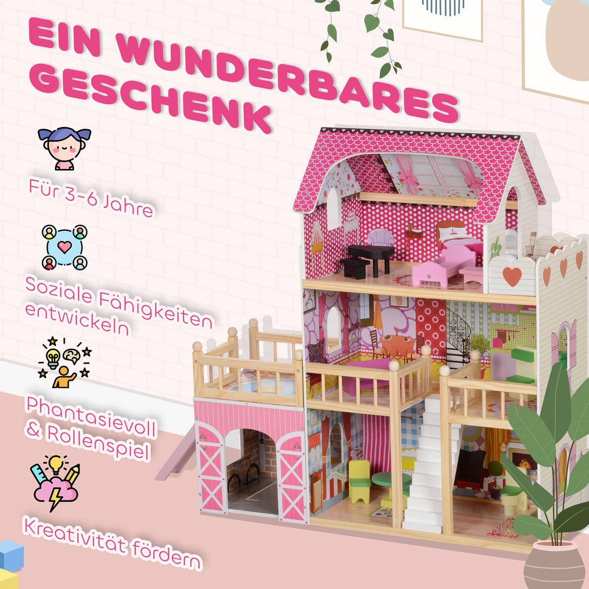 Wooden Dollhouse, 3 Tier Playhouse, 13 Pieces of Furniture, Removable Garage, Slides & Balcony, 36" Tall Dollhouse for 3-6 Years Kids, Pink