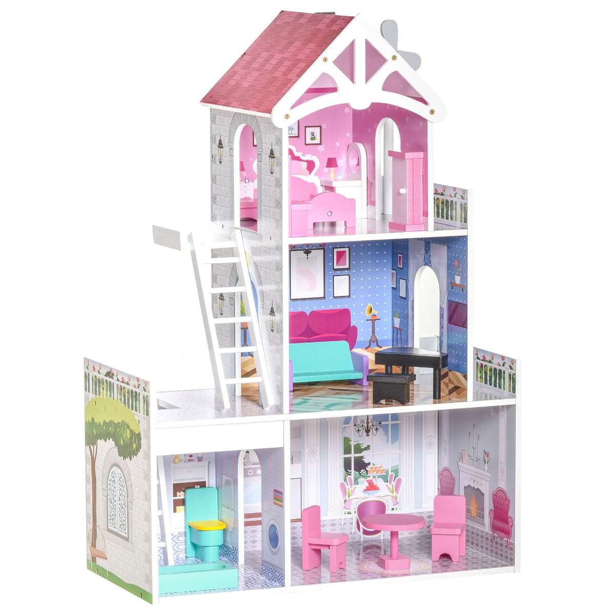 Wooden Dollhouse With Furniture And Accessories, 3 Floors, For Children Aged 3 And Over, Pink, 60X29X85Cm