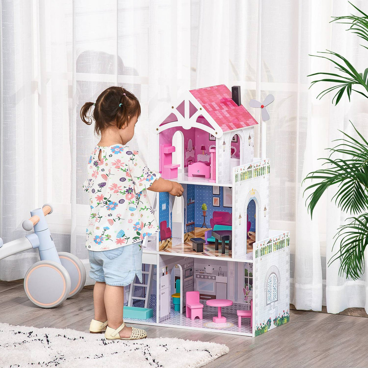 Wooden Dollhouse With Furniture And Accessories, 3 Floors, For Children Aged 3 And Over, Pink, 60X29X85Cm