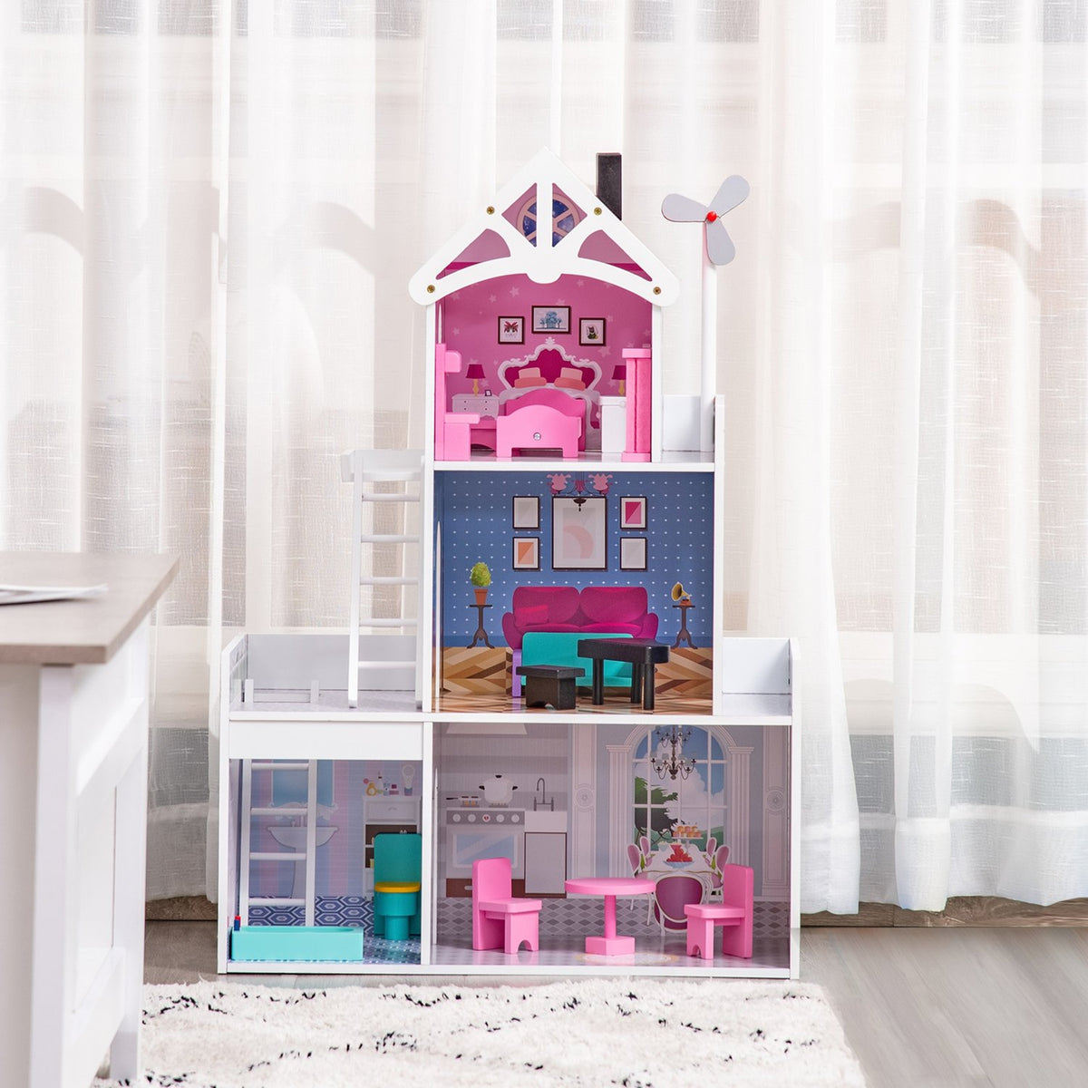 Wooden Dollhouse With Furniture And Accessories, 3 Floors, For Children Aged 3 And Over, Pink, 60X29X85Cm