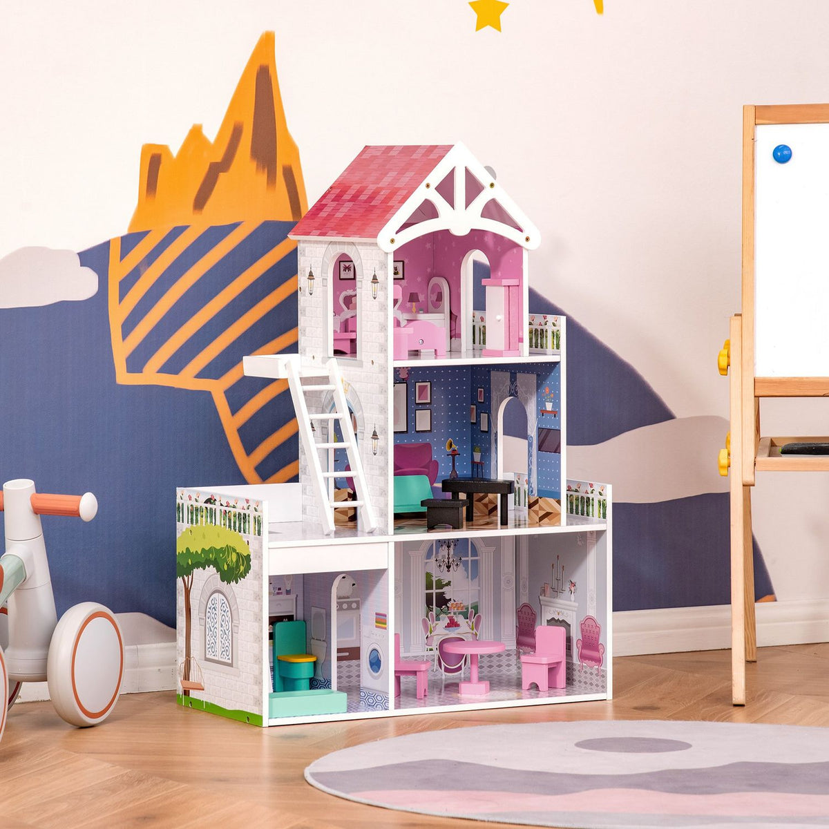 Wooden Dollhouse With Furniture And Accessories, 3 Floors, For Children Aged 3 And Over, Pink, 60X29X85Cm