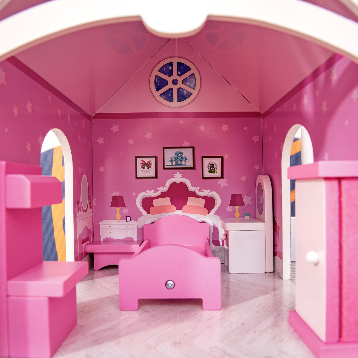 Wooden Dollhouse With Furniture And Accessories, 3 Floors, For Children Aged 3 And Over, Pink, 60X29X85Cm