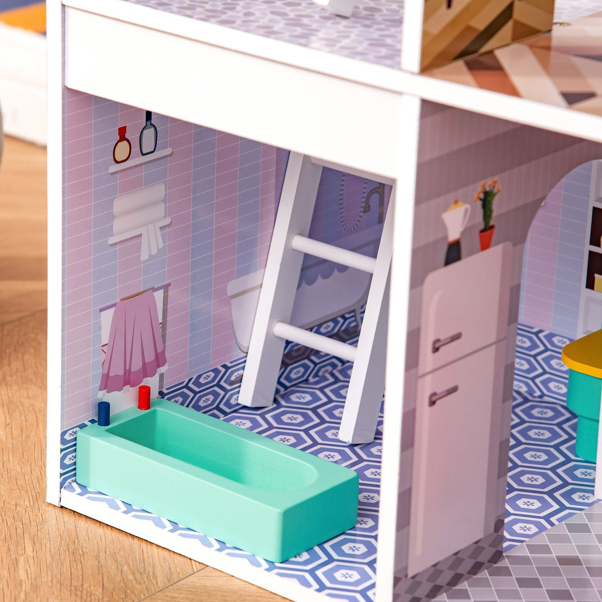 Wooden Dollhouse With Furniture And Accessories, 3 Floors, For Children Aged 3 And Over, Pink, 60X29X85Cm