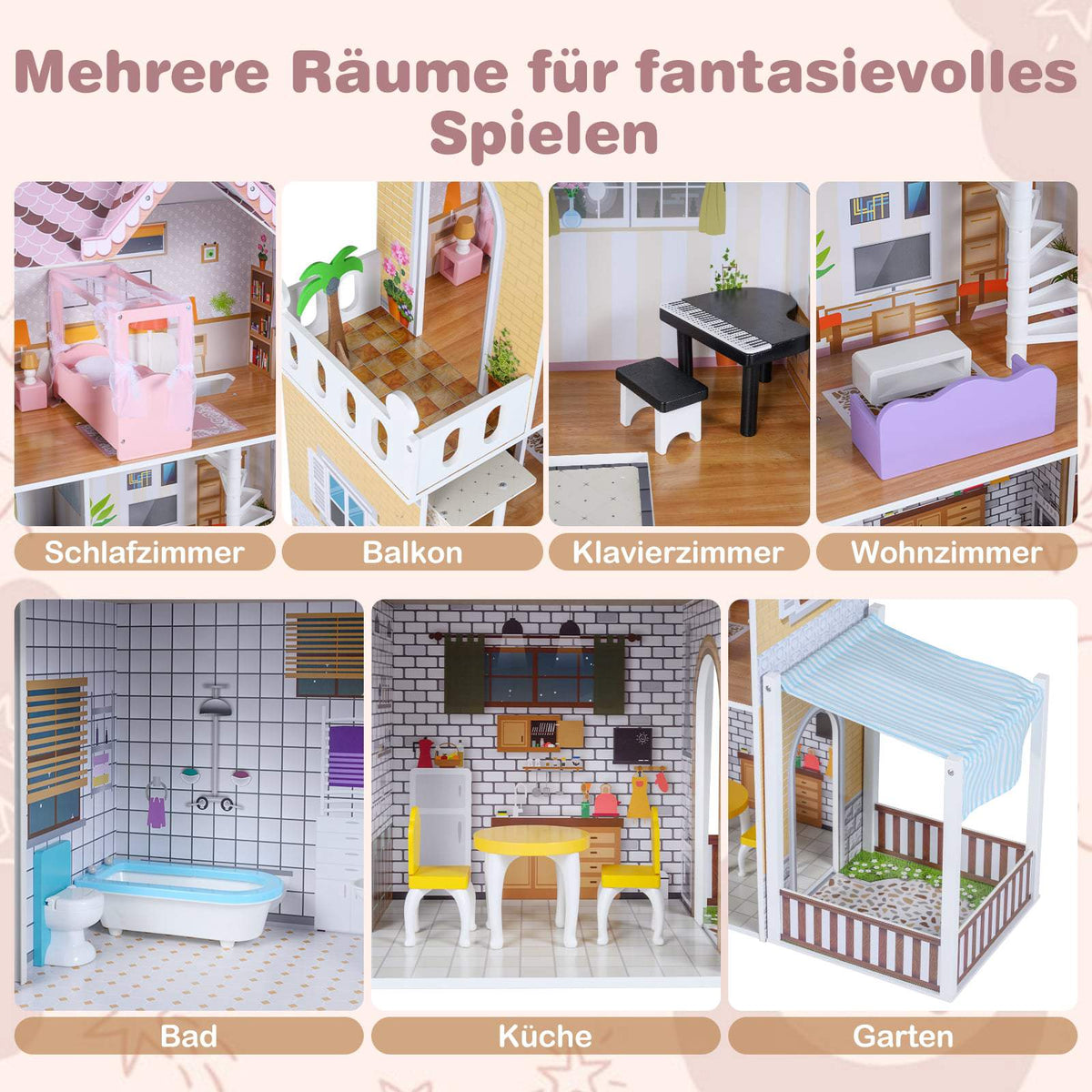 Wooden Dollhouse for Kids, 3-Story Pink Playhouse