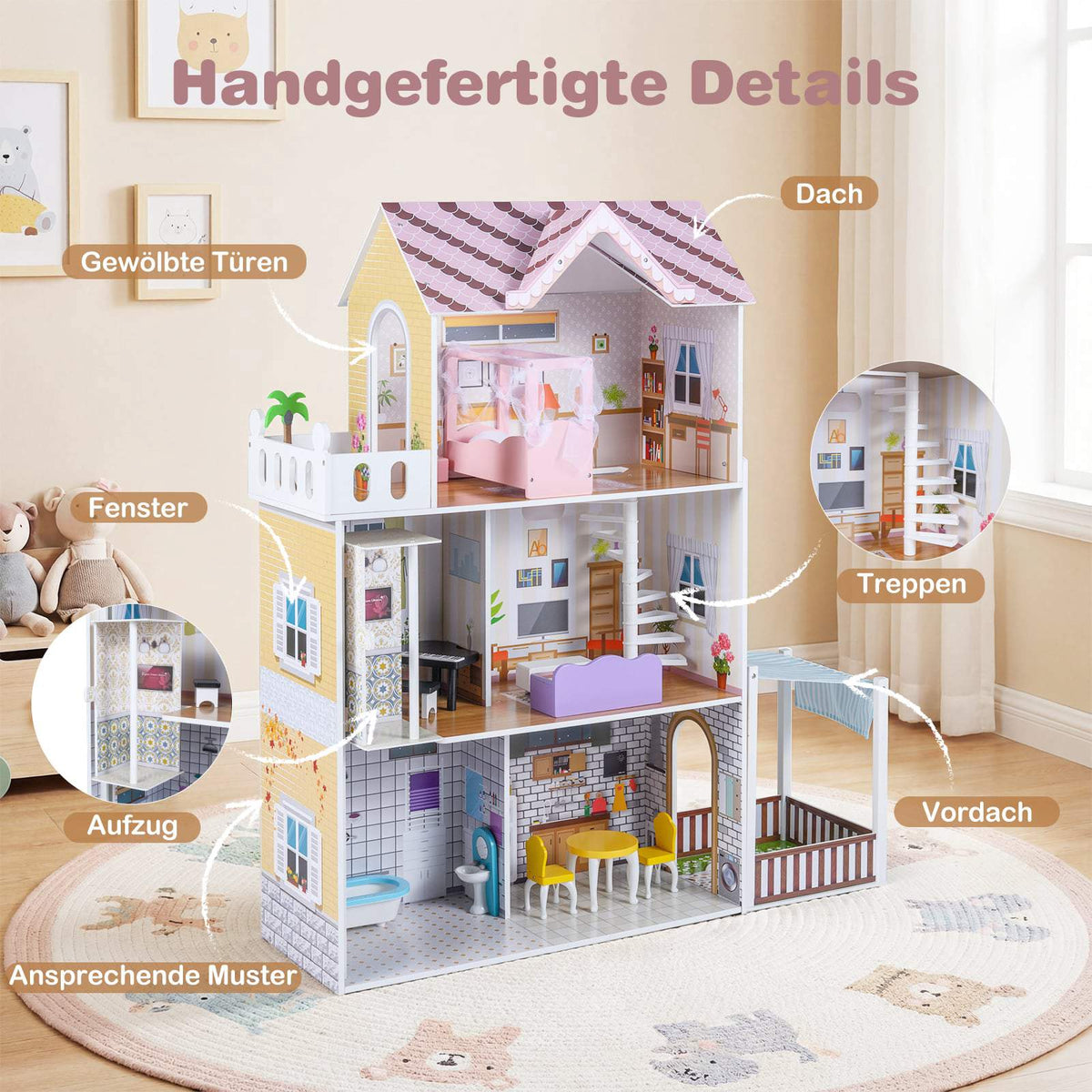 Wooden Dollhouse for Kids, 3-Story Pink Playhouse