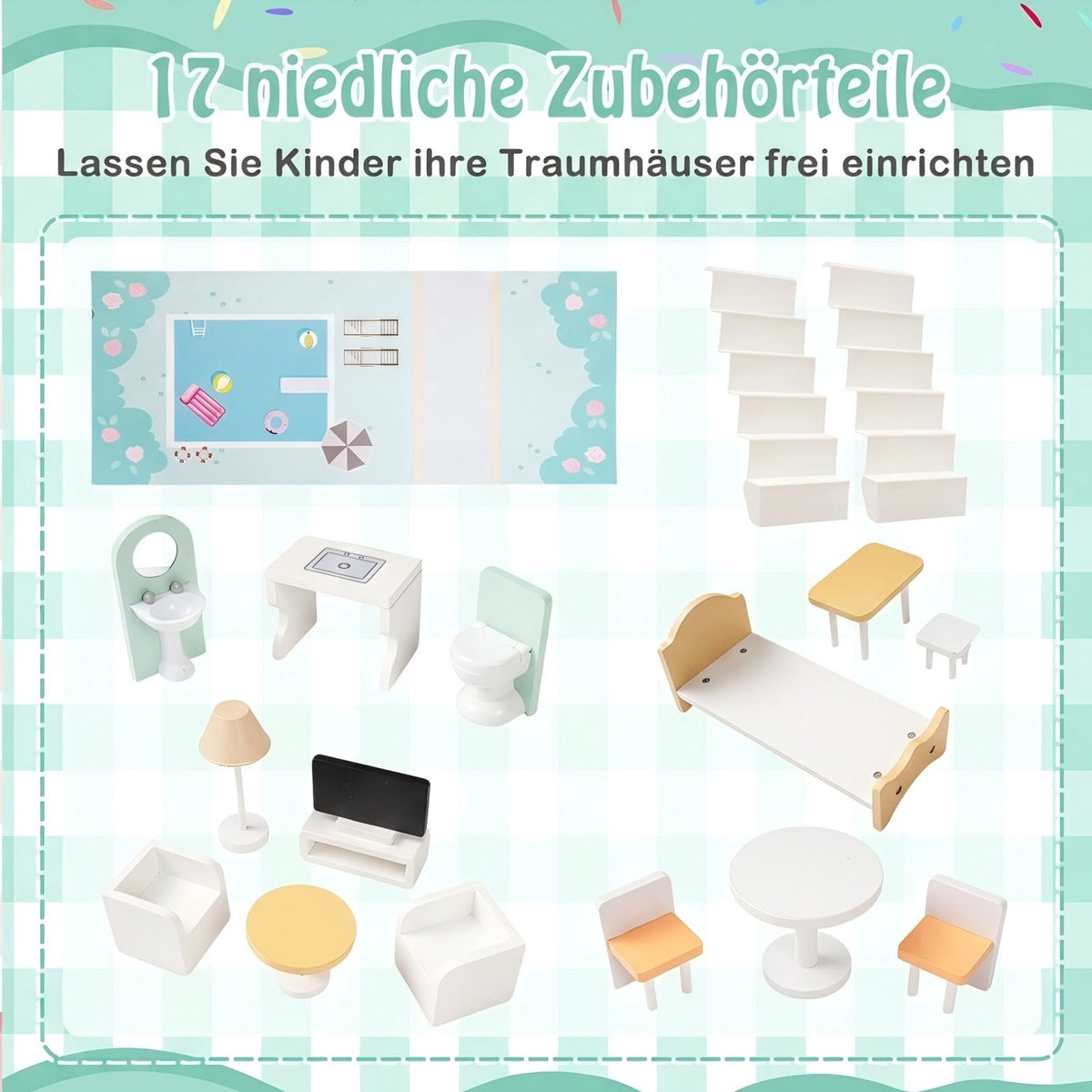 Wooden Dollhouse with 17-Piece Furniture Set, 3 Floors