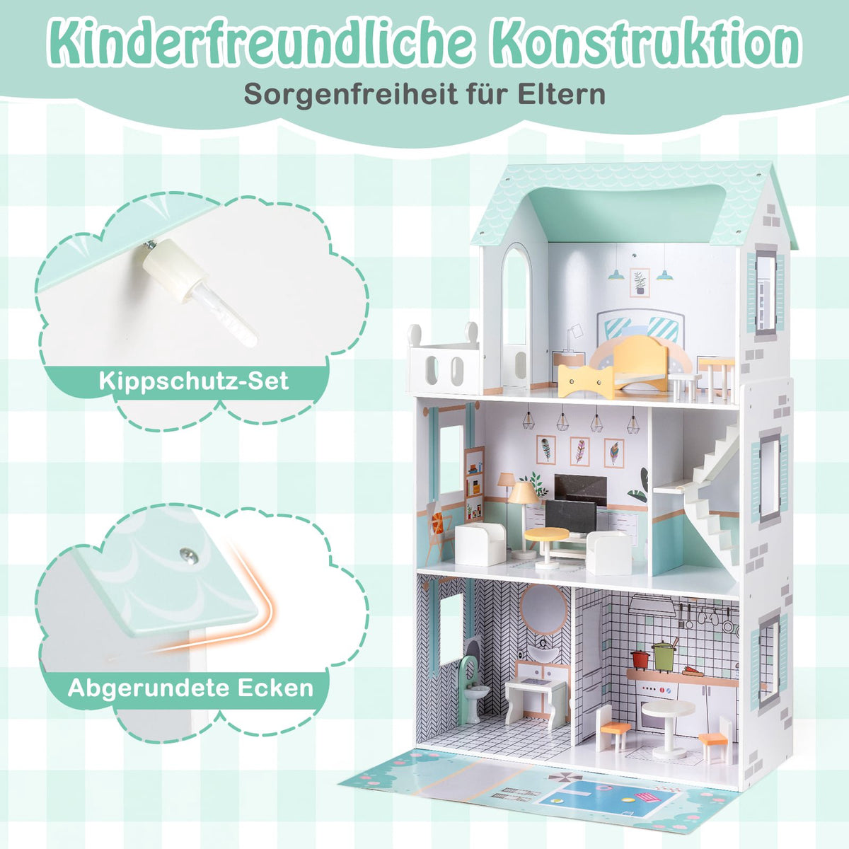 Wooden Dollhouse with 17-Piece Furniture Set, 3 Floors