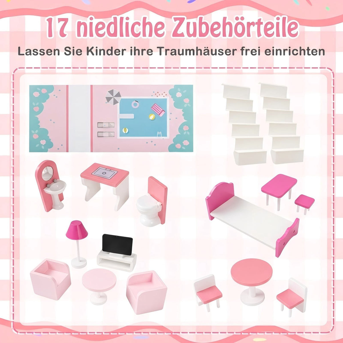 Wooden Dollhouse with 17-Piece Furniture Set, 3-Story