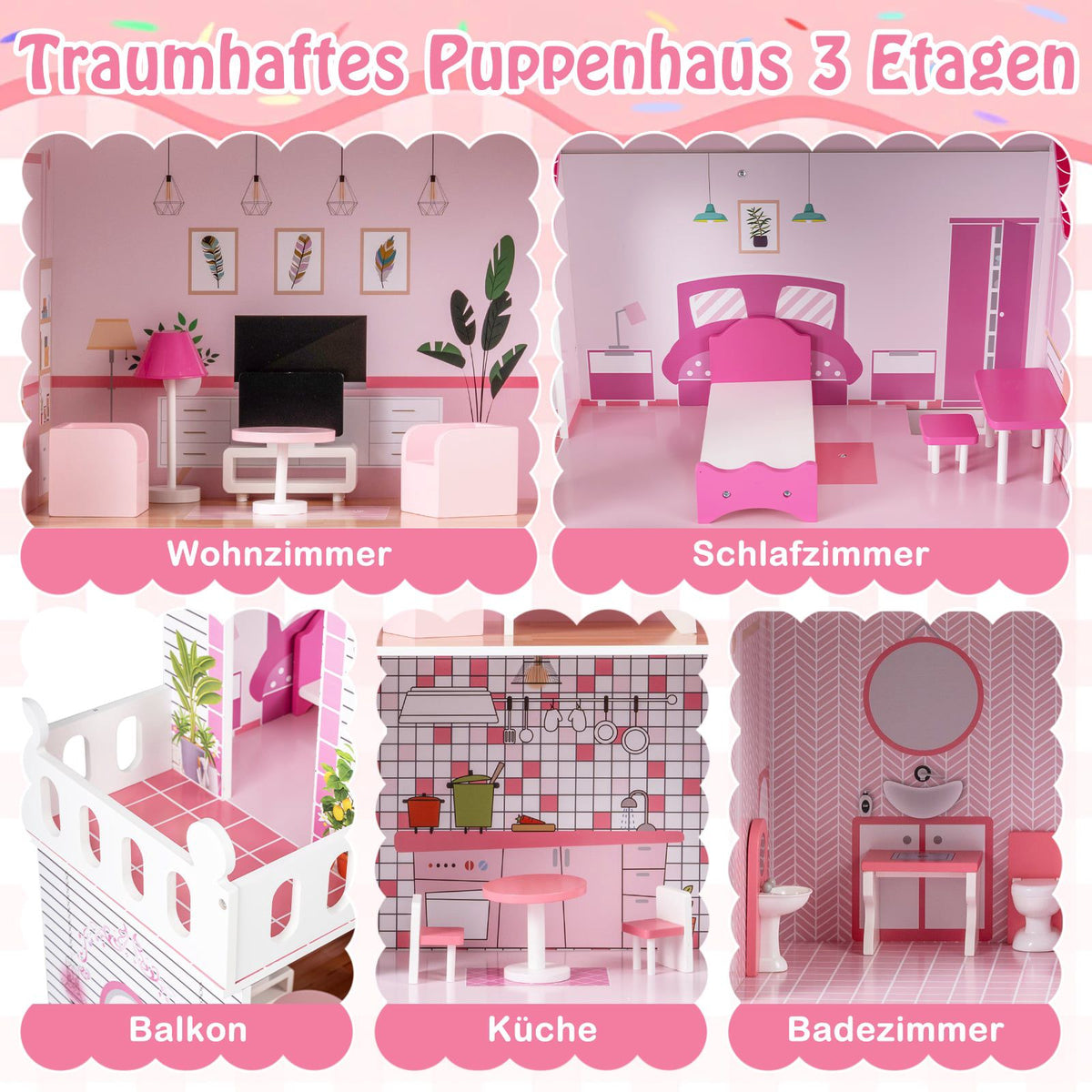 Wooden Dollhouse with 17-Piece Furniture Set, 3-Story
