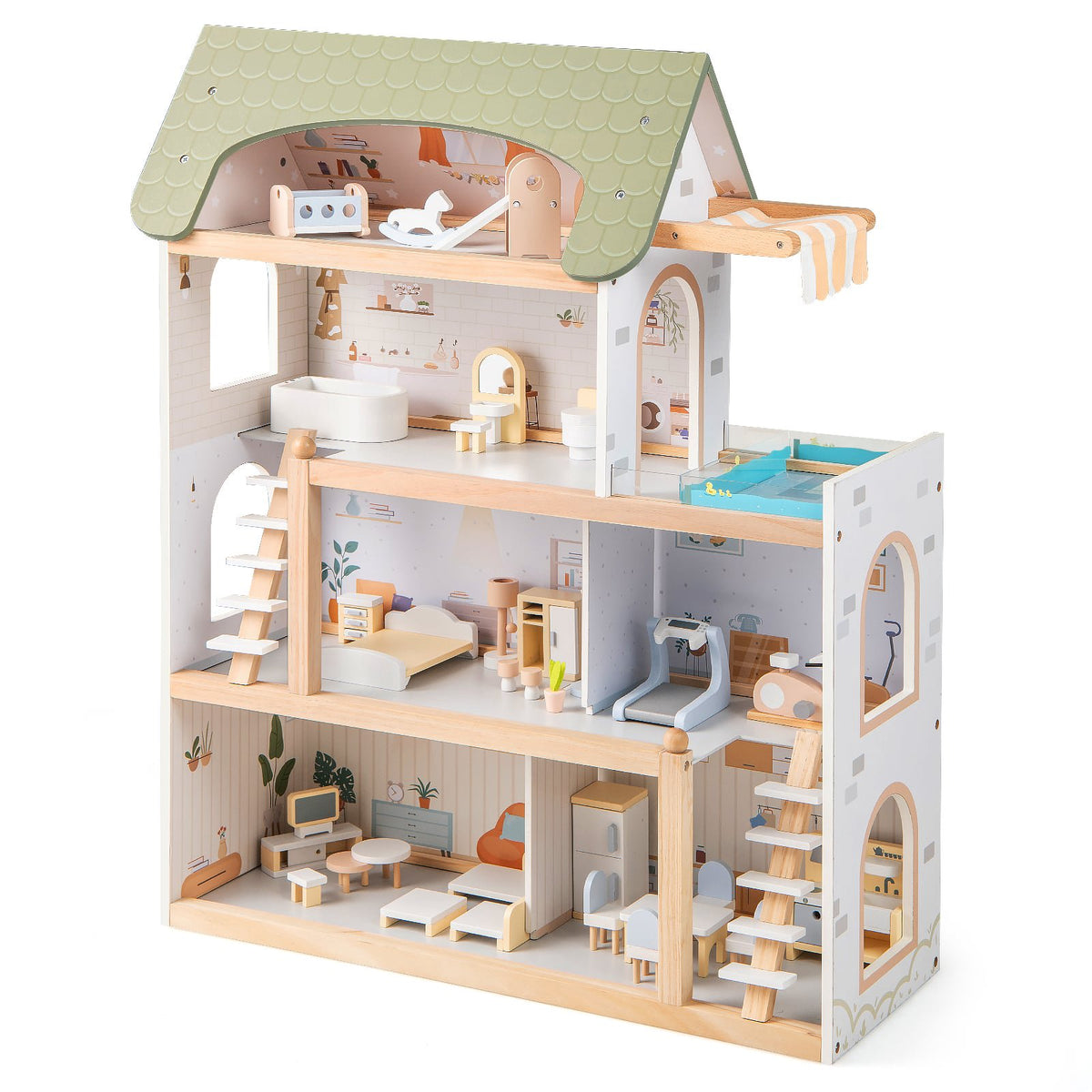 Wooden Dollhouse with 33 Furniture Pieces, Balcony & Pool