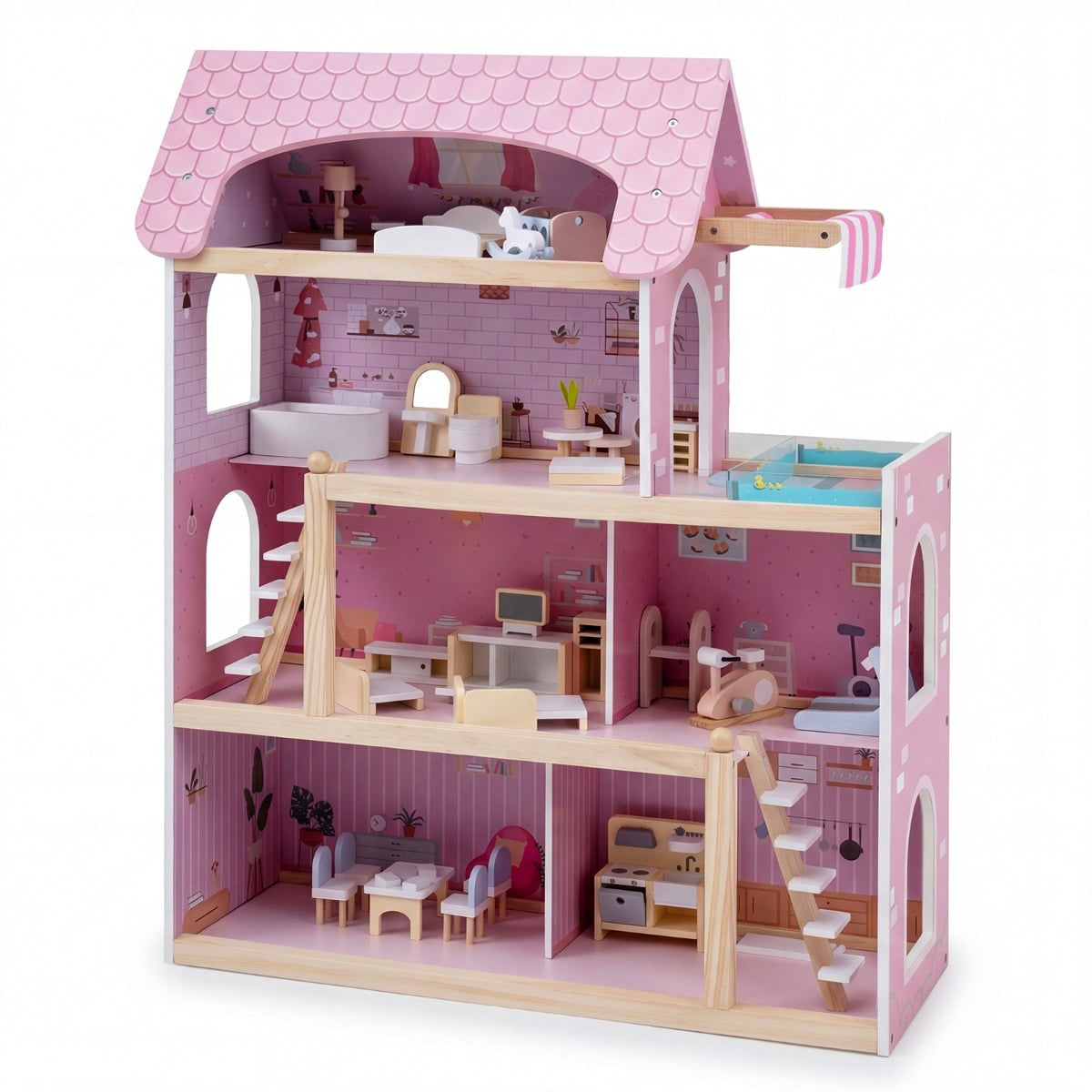 Wooden Dollhouse with 33 Furniture Pieces, Balcony & Pool