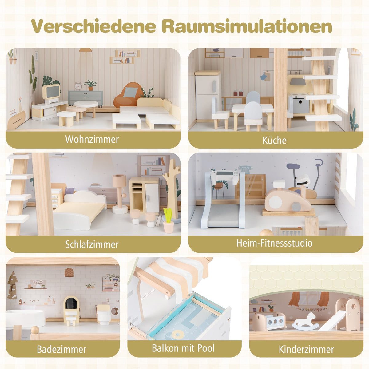 Wooden Dollhouse with 33 Furniture Pieces, Balcony & Pool