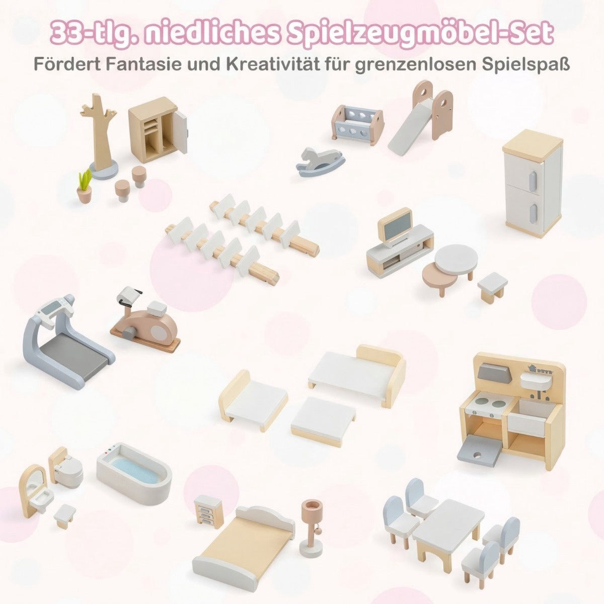 Wooden Dollhouse with 33 Furniture Pieces, Balcony & Pool