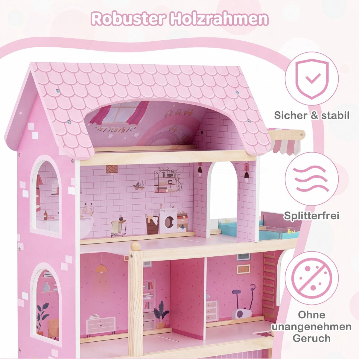 Wooden Dollhouse with 33 Furniture Pieces, Balcony & Pool