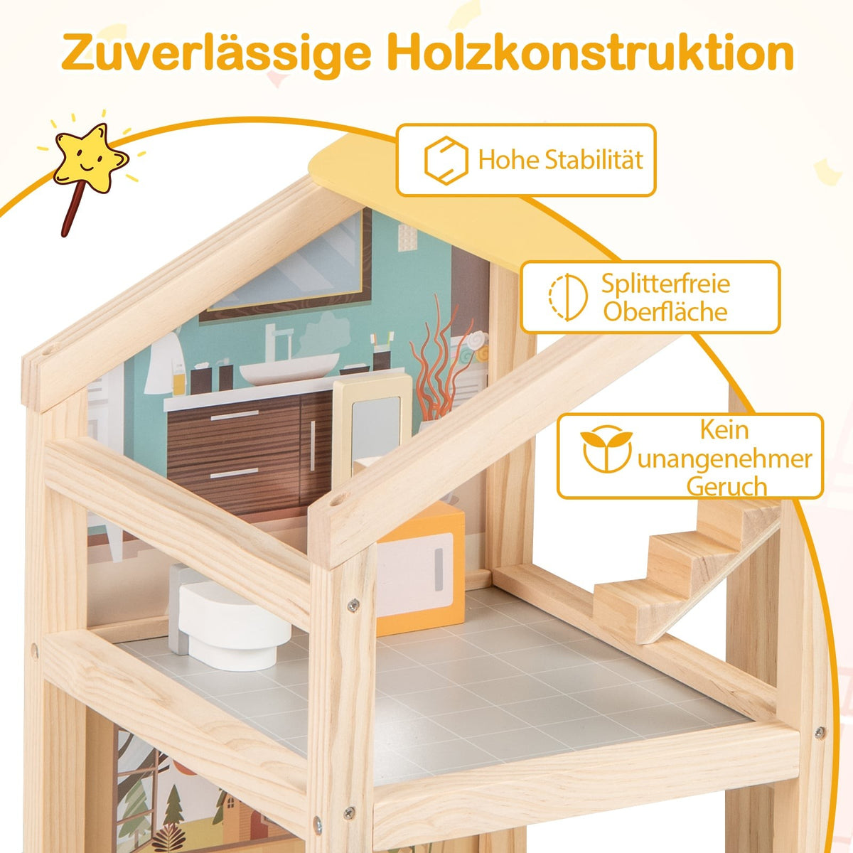 Wooden Dollhouse with Furniture & Figures, Multi-Room Design