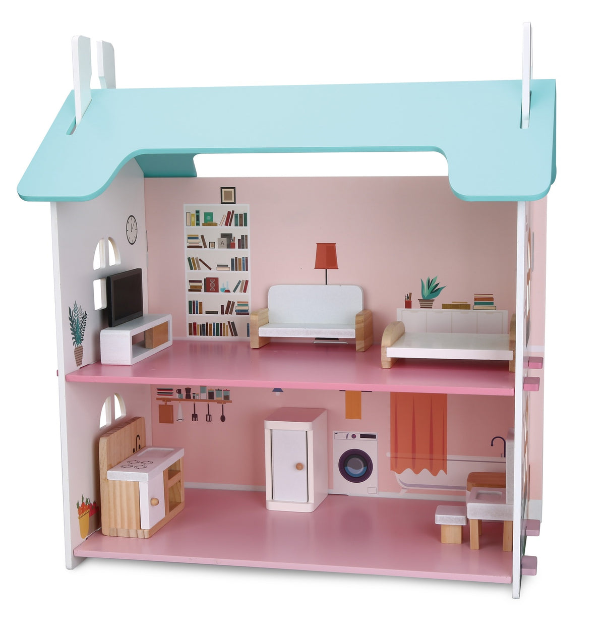 Wooden Dollhouse with Furniture, Two-Story, 45x42x23 cm