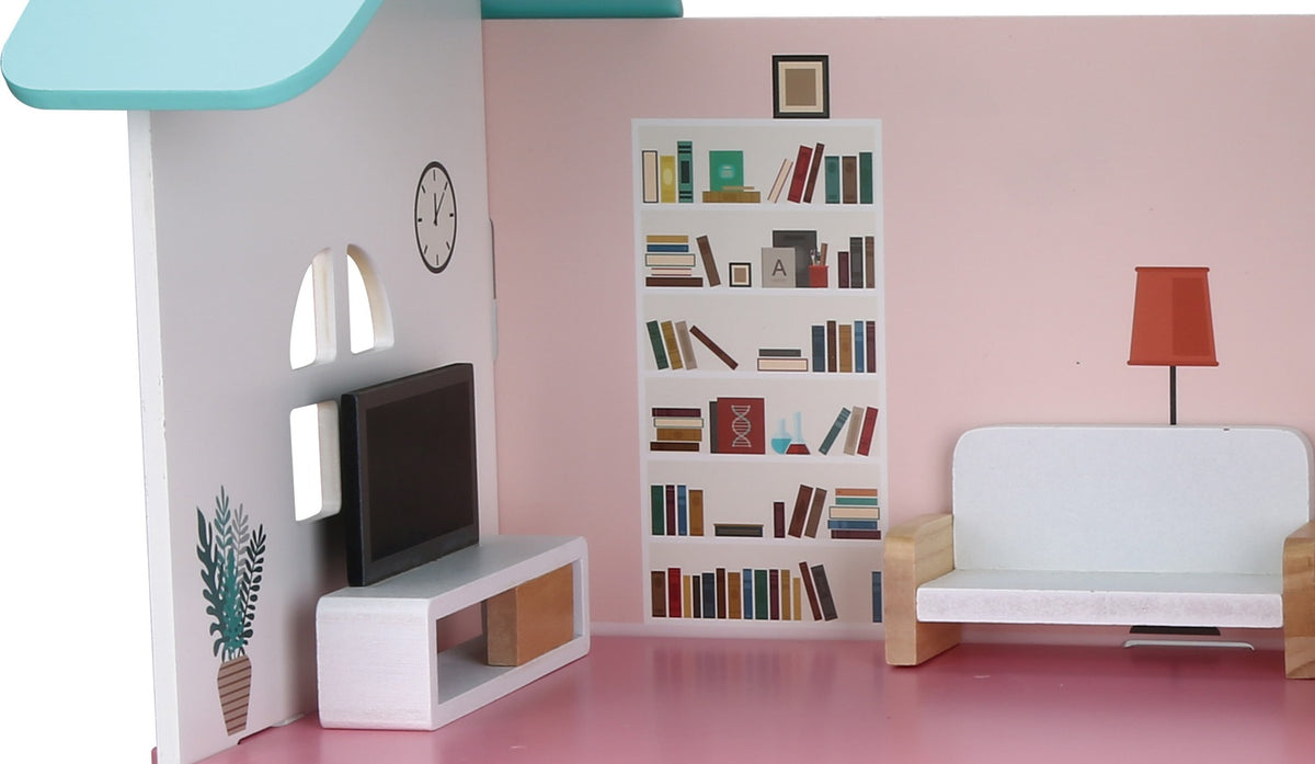 Wooden Dollhouse with Furniture, Two-Story, 45x42x23 cm