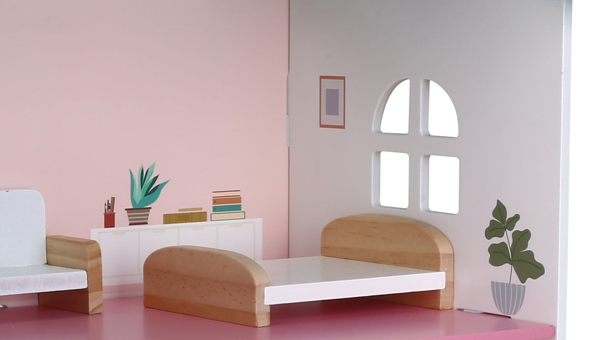 Wooden Dollhouse with Furniture, Two-Story, 45x42x23 cm