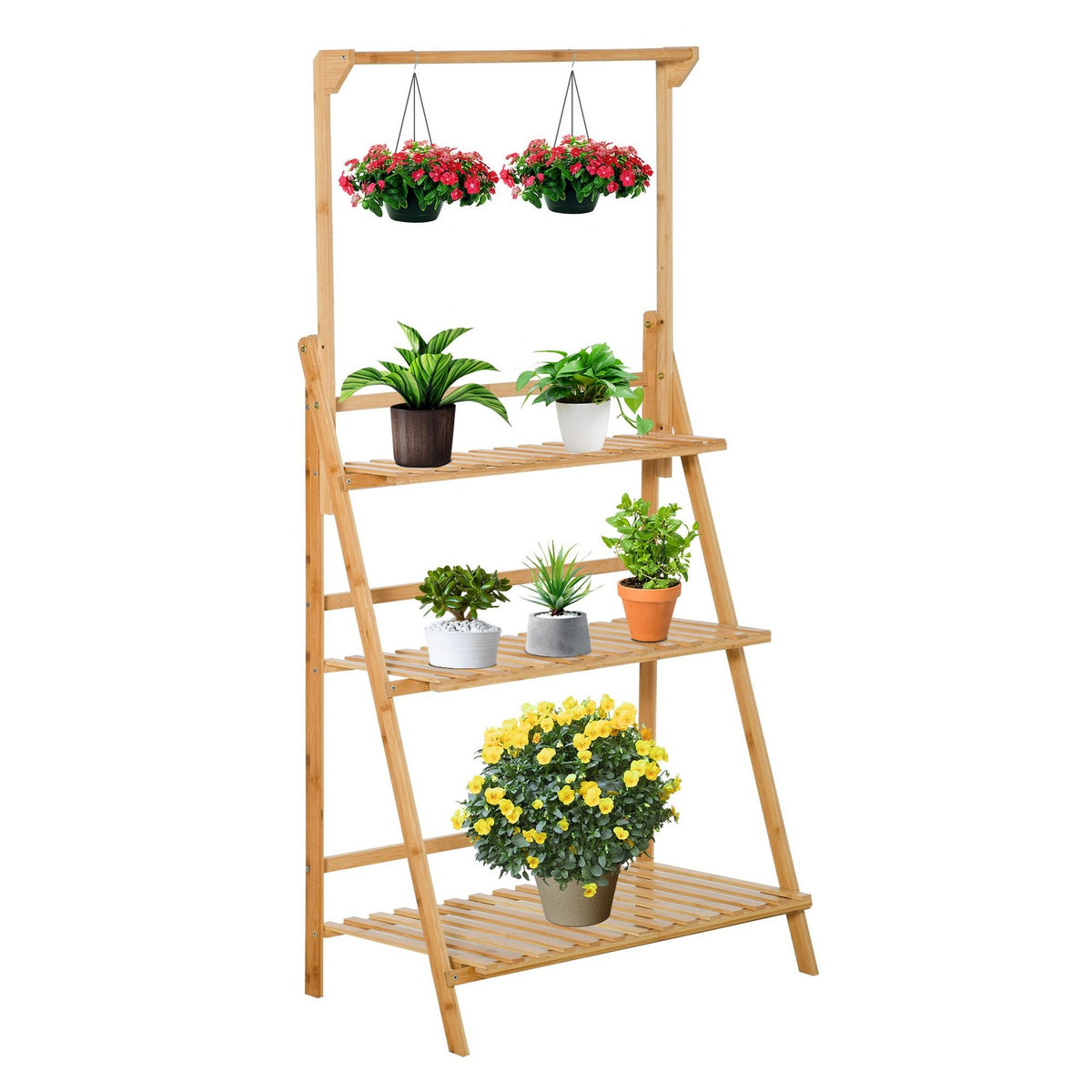 Wooden Flower Stairs Plant Stand Ladder Shelf Adjustable Hanging Height Flower Stand Hanging Bamboo Natural Indoor Outdoor 70 X 40 X 143 Cm