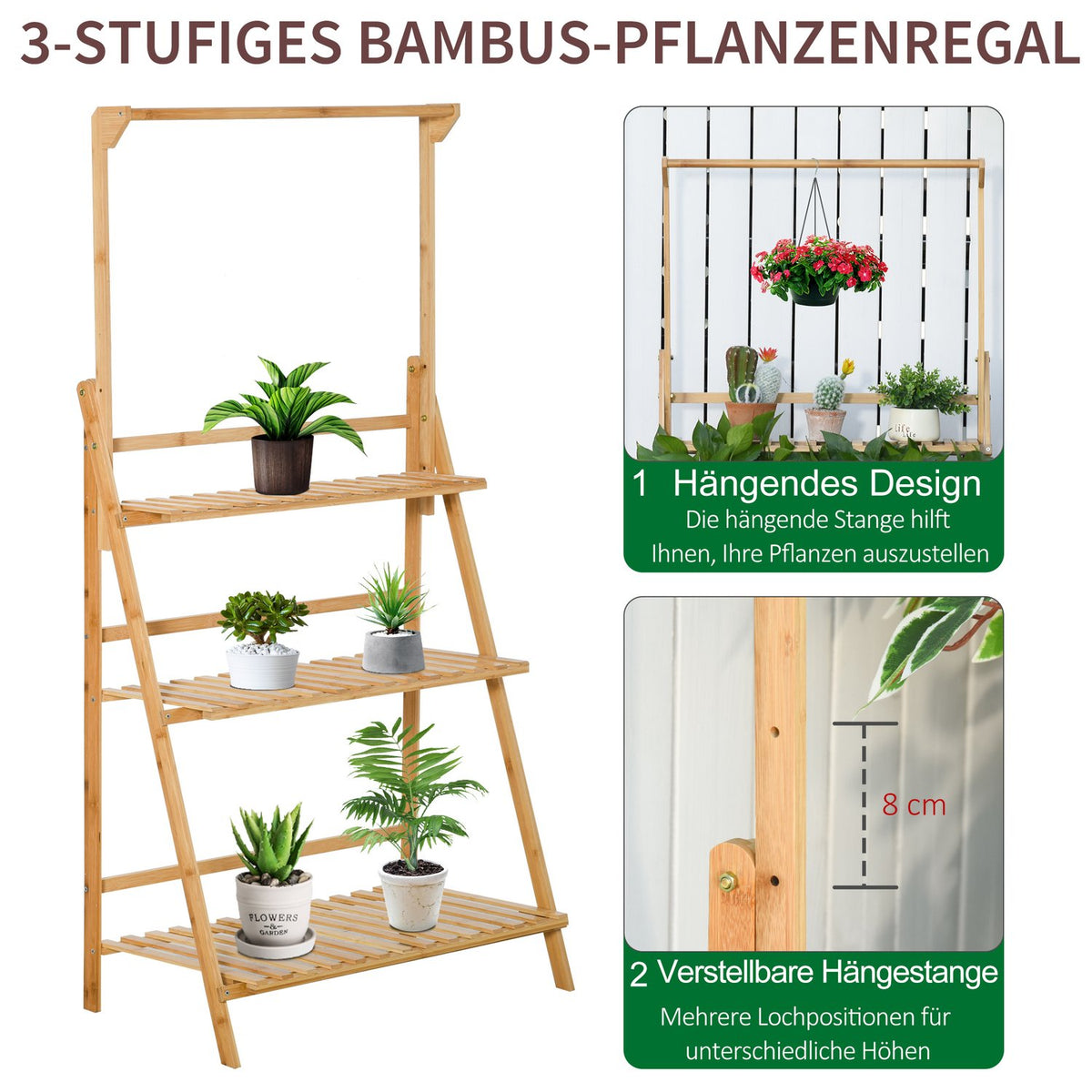 Wooden Flower Stairs Plant Stand Ladder Shelf Adjustable Hanging Height Flower Stand Hanging Bamboo Natural Indoor Outdoor 70 X 40 X 143 Cm