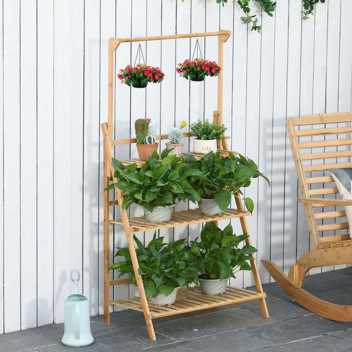 Wooden Flower Stairs Plant Stand Ladder Shelf Adjustable Hanging Height Flower Stand Hanging Bamboo Natural Indoor Outdoor 70 X 40 X 143 Cm