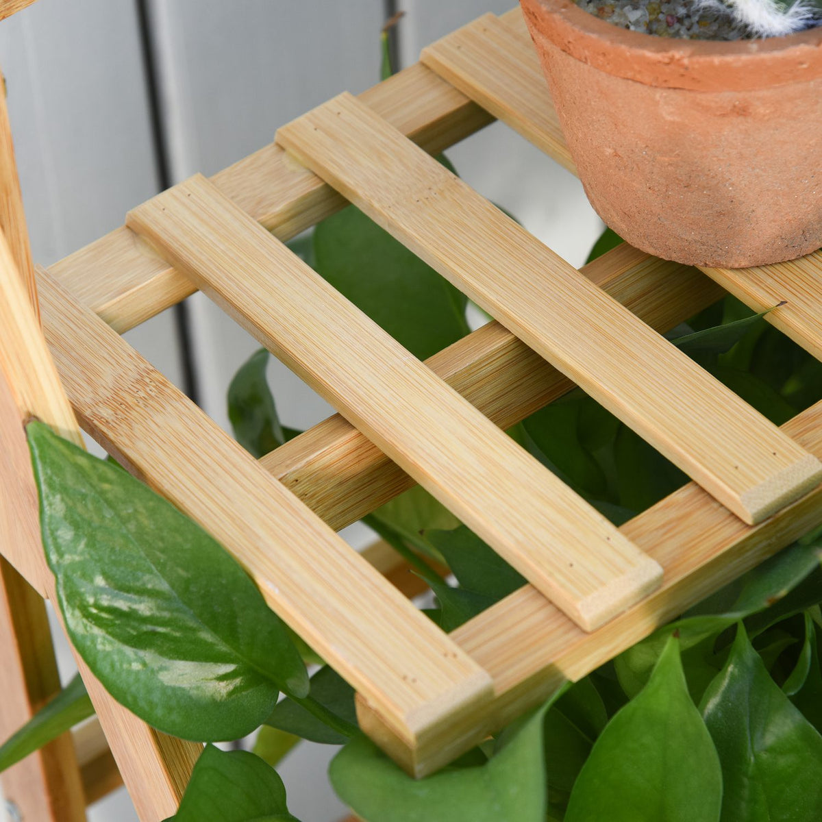 Wooden Flower Stairs Plant Stand Ladder Shelf Adjustable Hanging Height Flower Stand Hanging Bamboo Natural Indoor Outdoor 70 X 40 X 143 Cm