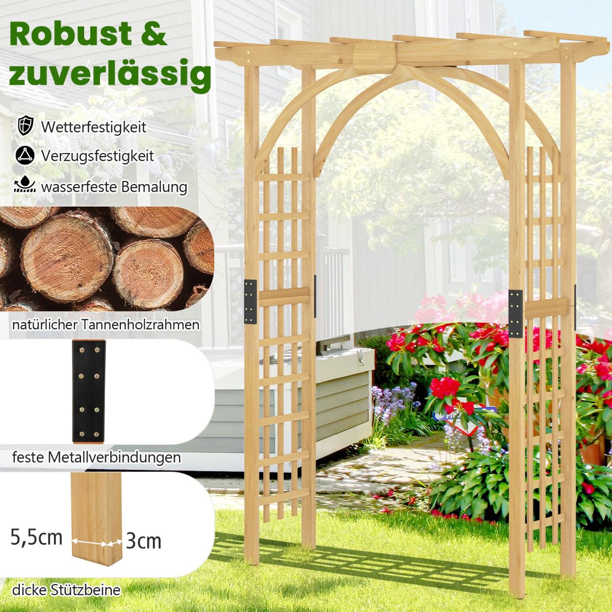Wooden Garden Arch for Climbing Plants, 213 cm Tall