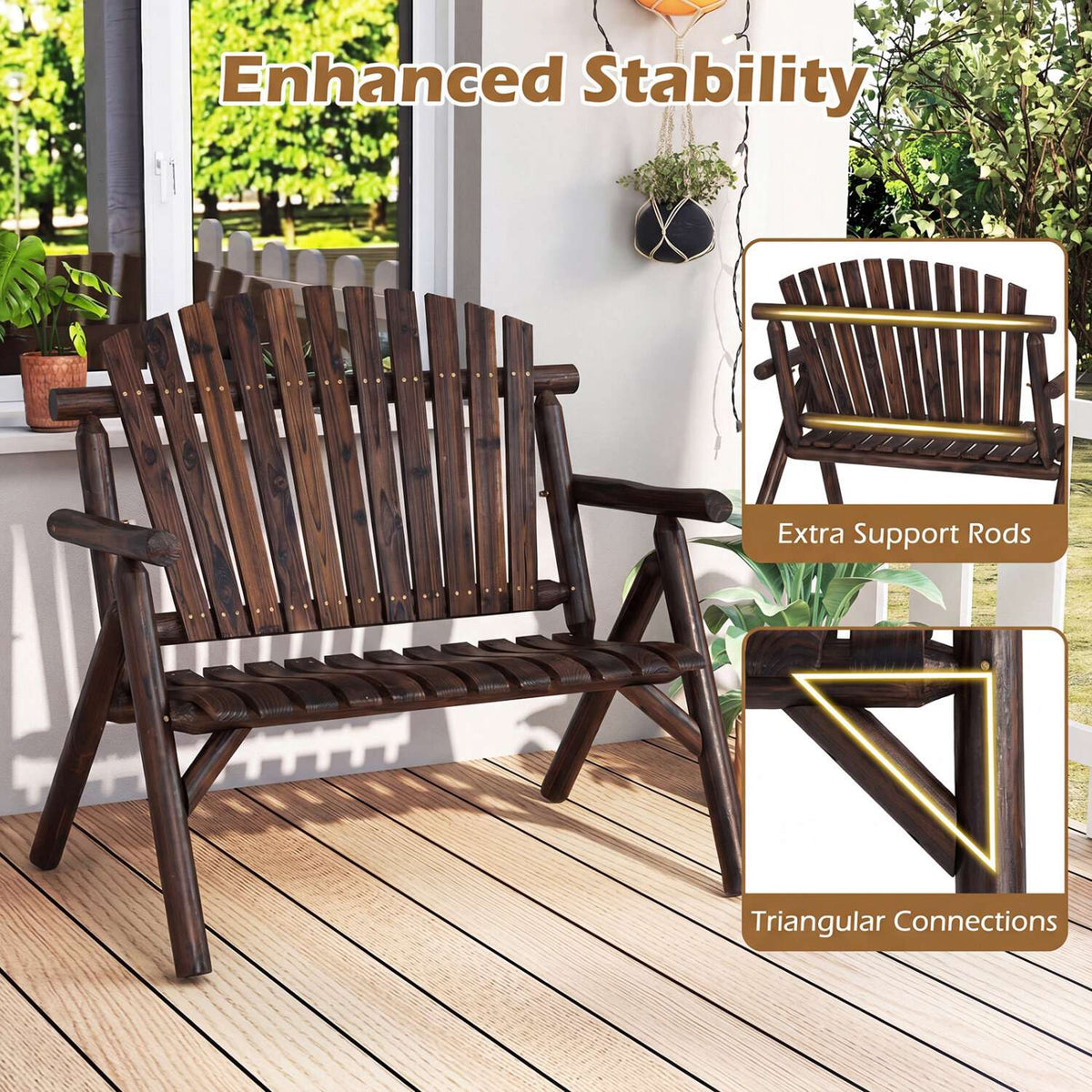Wooden Garden Bench for 2 with Armrests, 300kg Capacity