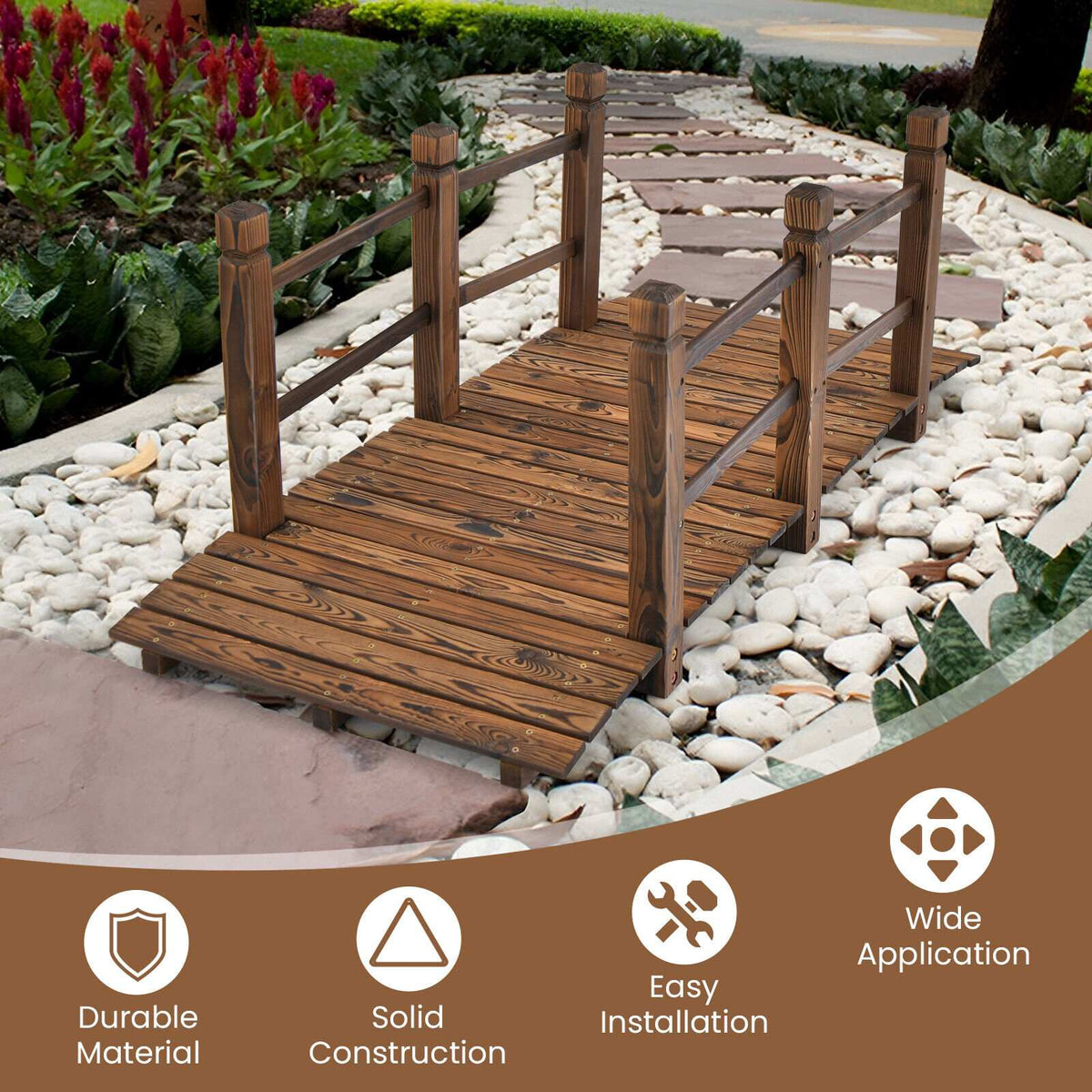 Wooden Garden Bridge, 5 ft, Safety Rails, Fir Wood