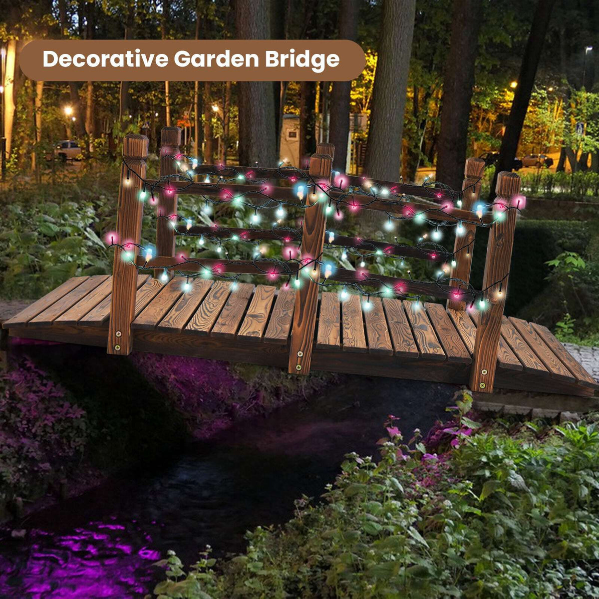 Wooden Garden Bridge, 5 ft, Safety Rails, Fir Wood