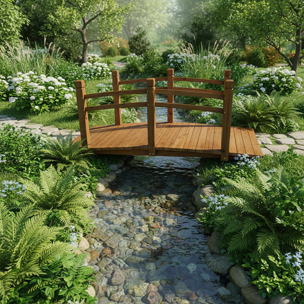 Wooden Garden Bridge – Arched Design, Weatherproof Fir