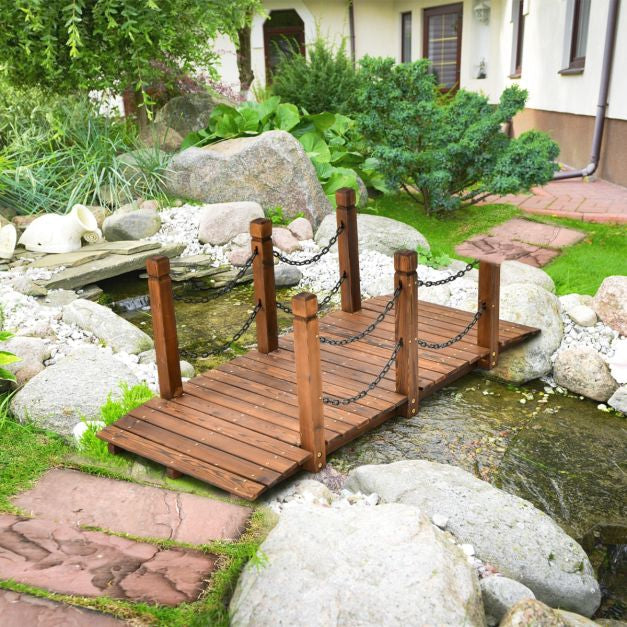 Wooden Garden Bridge, Fir Wood, Safety Chains, 150 cm