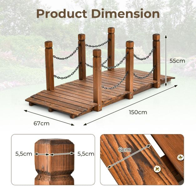 Wooden Garden Bridge, Fir Wood, Safety Chains, 150 cm