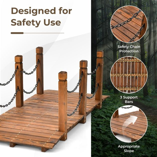 Wooden Garden Bridge, Fir Wood, Safety Chains, 150 cm