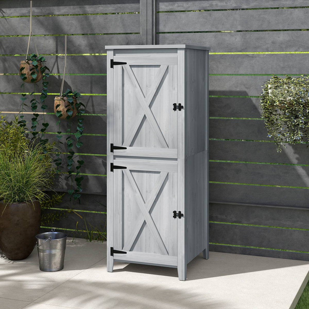 Wooden Garden Cabinet, Tool Shed, Weatherproof Tool Cabinet, 60x60x160cm, Tool Shed with Double Door, Shelves, Lockable Tool Cabinet Garden Shed for Garden, Patio, Light Gray |