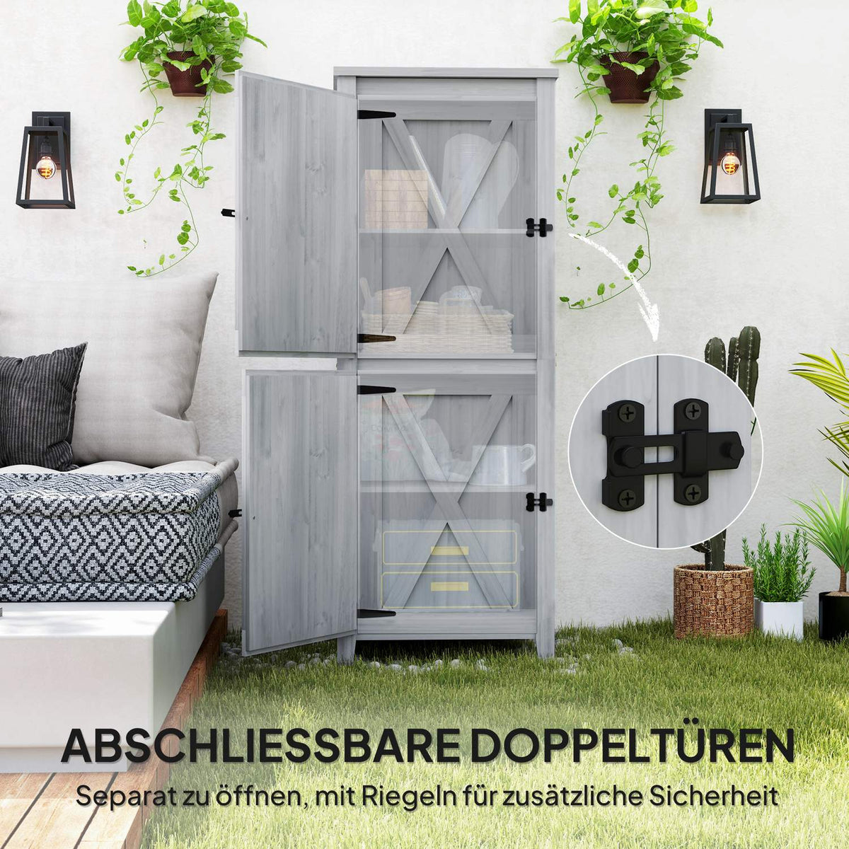 Wooden Garden Cabinet, Tool Shed, Weatherproof Tool Cabinet, 60x60x160cm, Tool Shed with Double Door, Shelves, Lockable Tool Cabinet Garden Shed for Garden, Patio, Light Gray |
