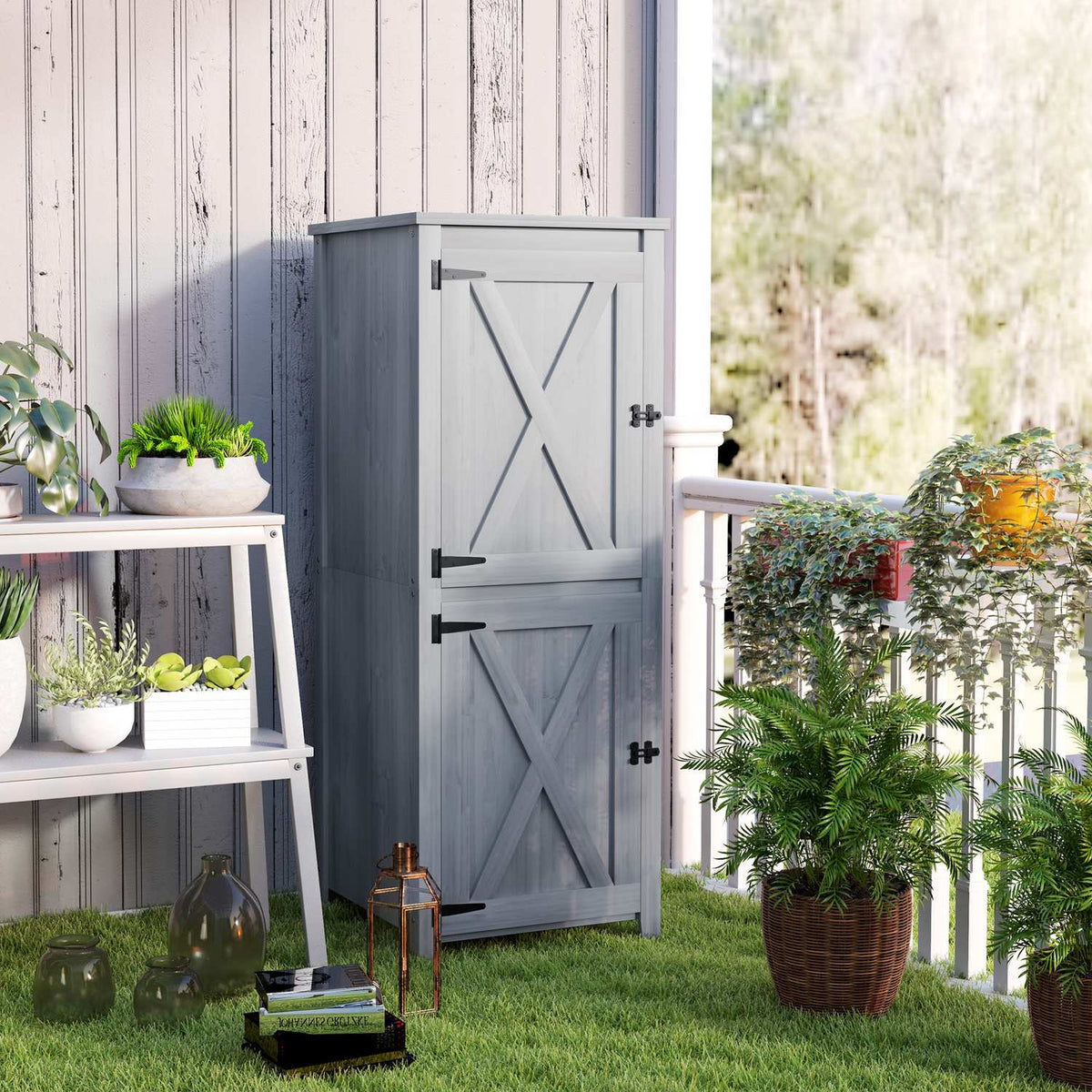 Wooden Garden Cabinet, Tool Shed, Weatherproof Tool Cabinet, 60x60x160cm, Tool Shed with Double Door, Shelves, Lockable Tool Cabinet Garden Shed for Garden, Patio, Light Gray |