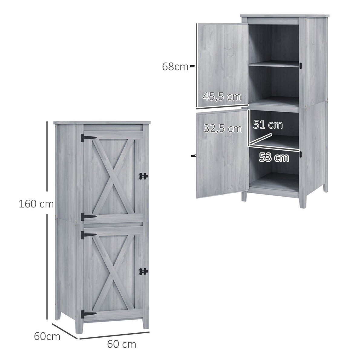 Wooden Garden Cabinet, Tool Shed, Weatherproof Tool Cabinet, 60x60x160cm, Tool Shed with Double Door, Shelves, Lockable Tool Cabinet Garden Shed for Garden, Patio, Light Gray |