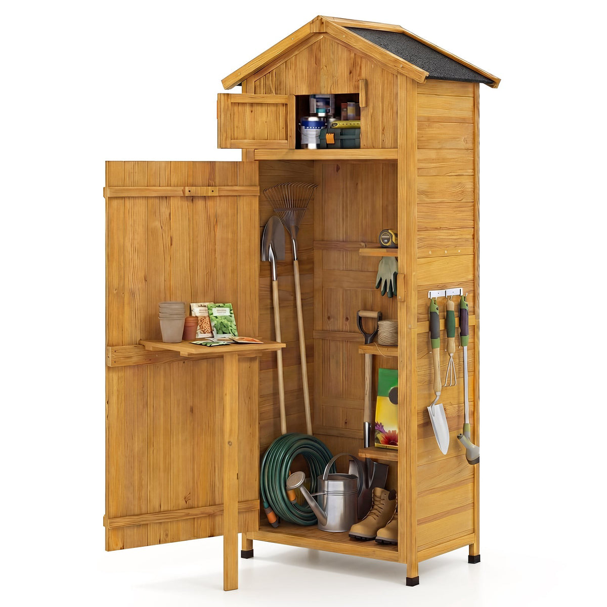 Wooden Garden Cabinet with Lockable Barn Door & Shelves