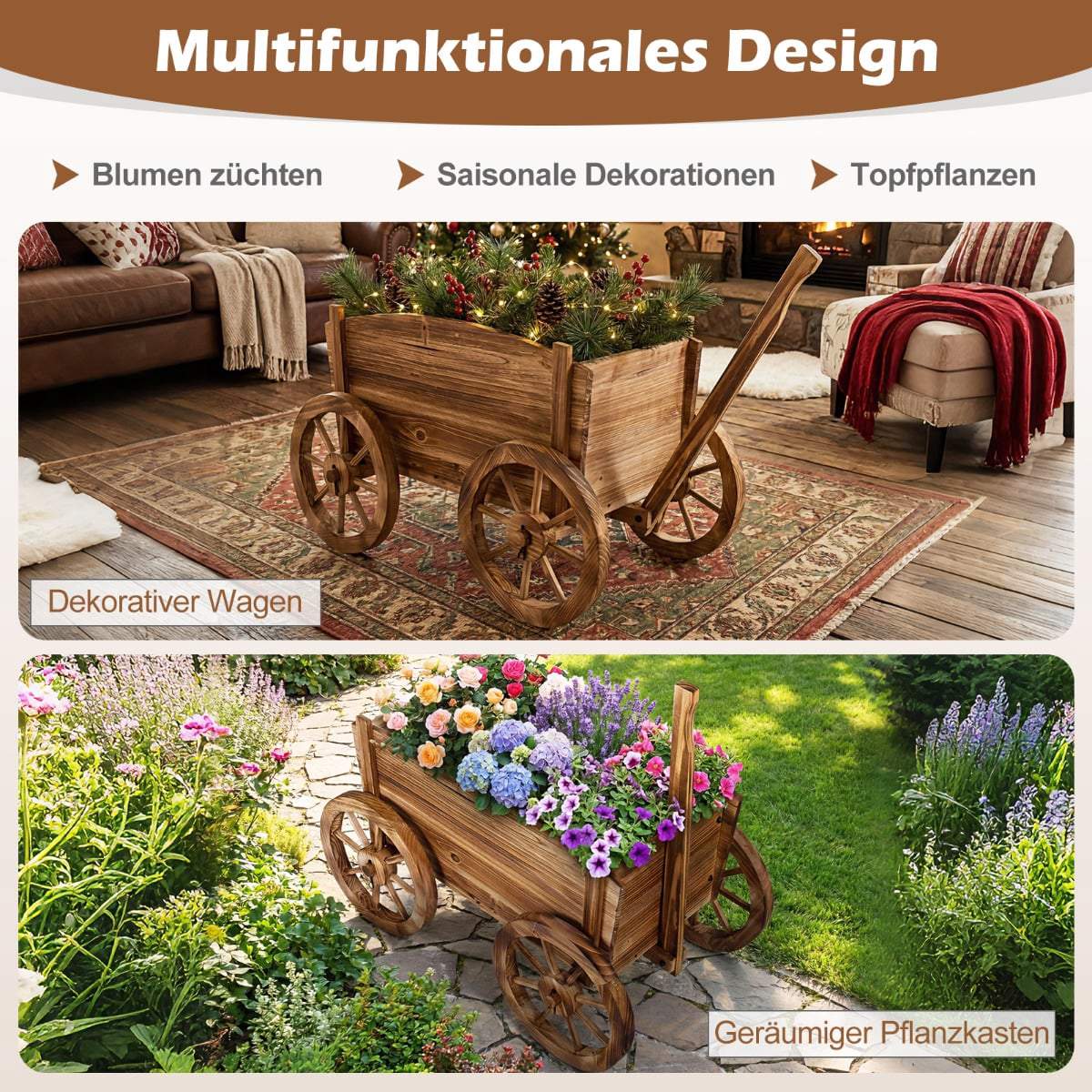 Wooden Garden Planter Cart with Wheels and Drainage Hole