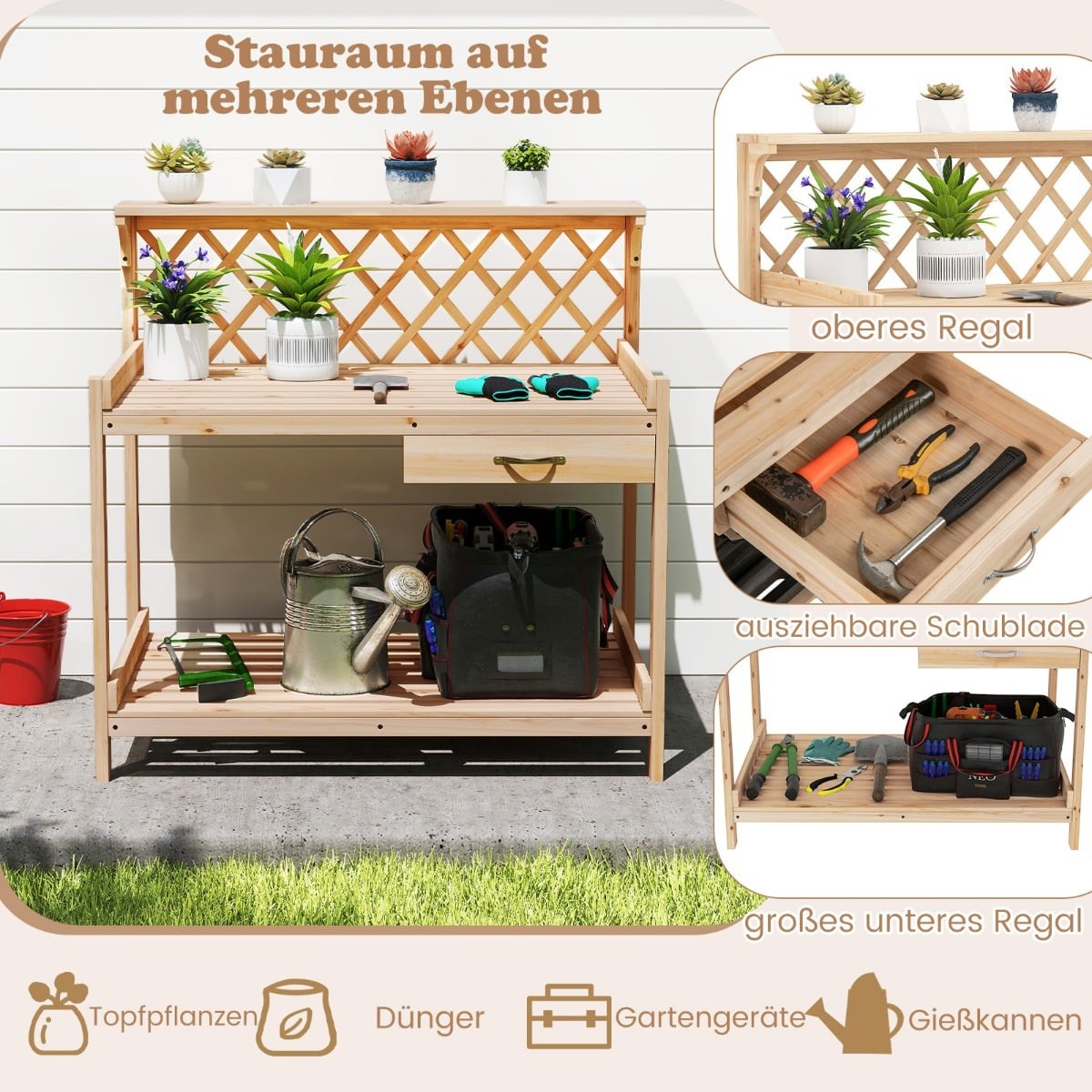 Wooden Garden Potting Bench with Trellis and Storage Shelves