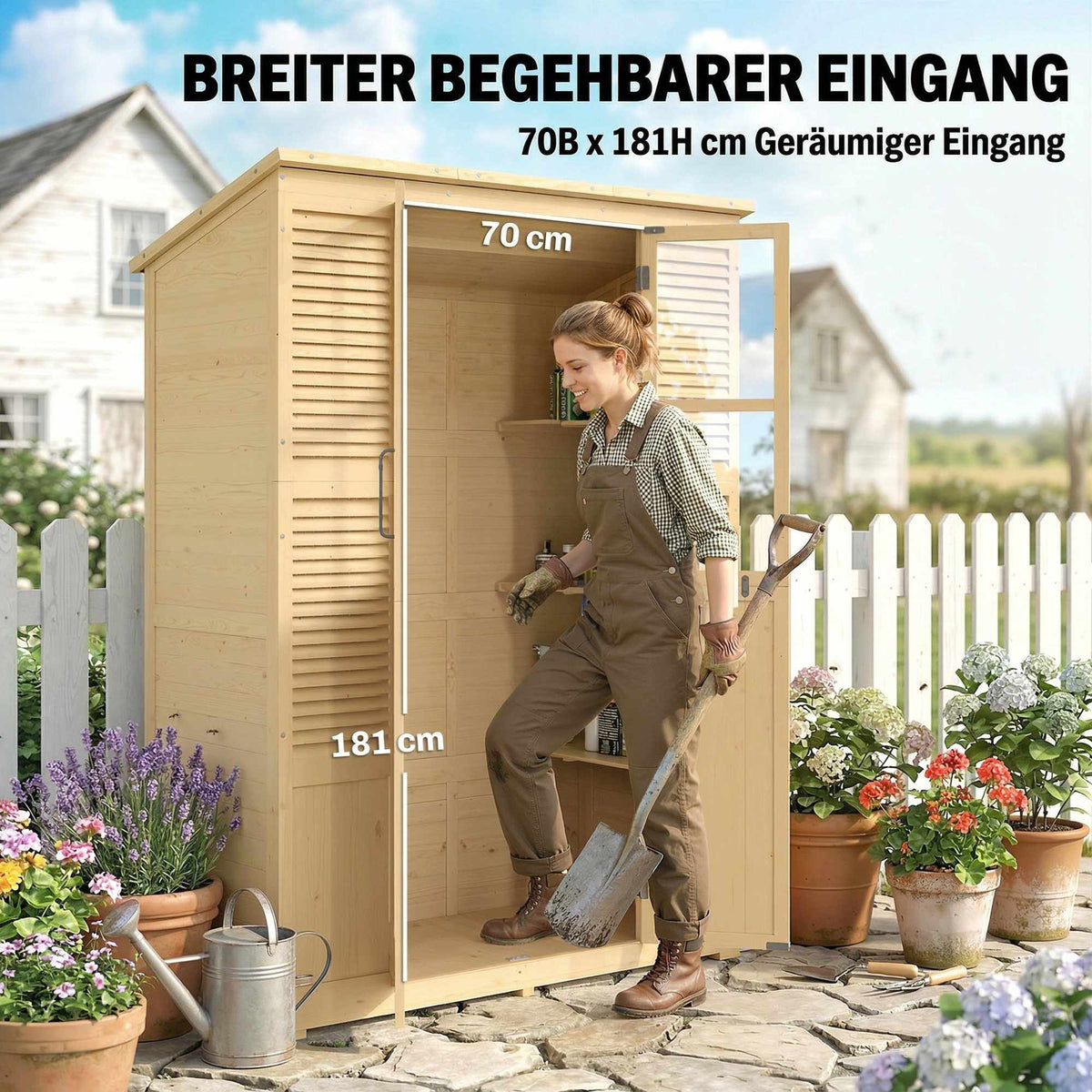 Wooden Garden Shed with Shelves, Double Doors, 147x68x198cm