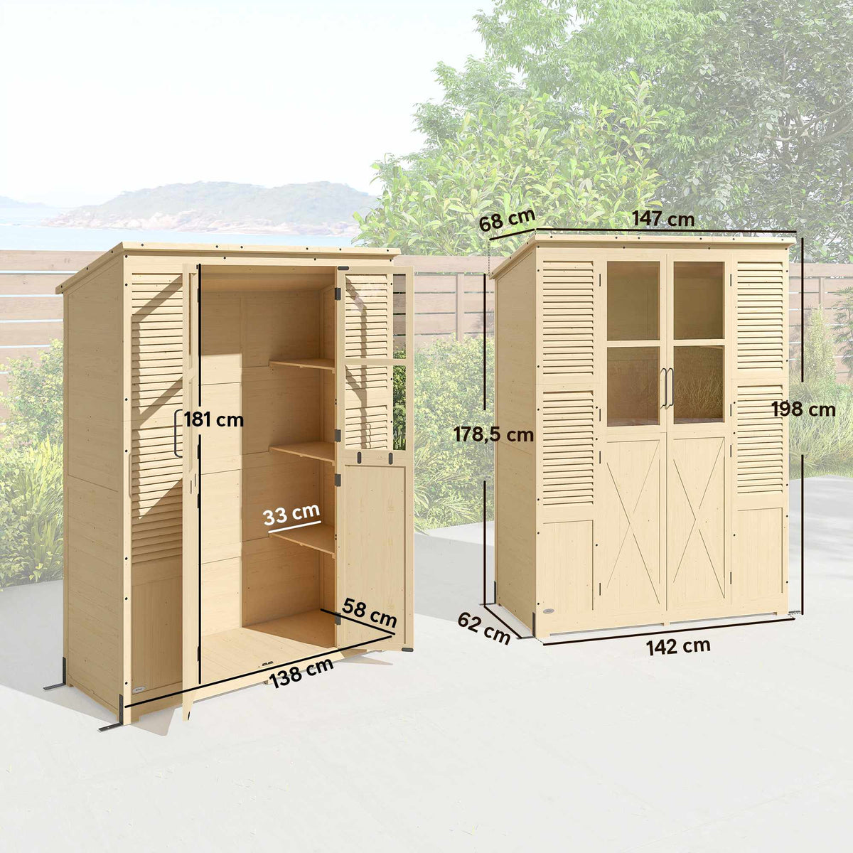 Wooden Garden Shed with Shelves, Double Doors, 147x68x198cm