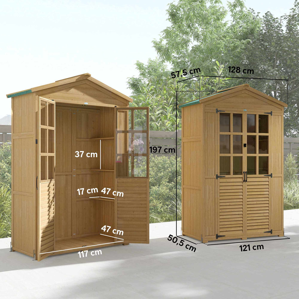 Wooden Garden Shed with Shelves, Lockable Door, 128x57.5x197cm