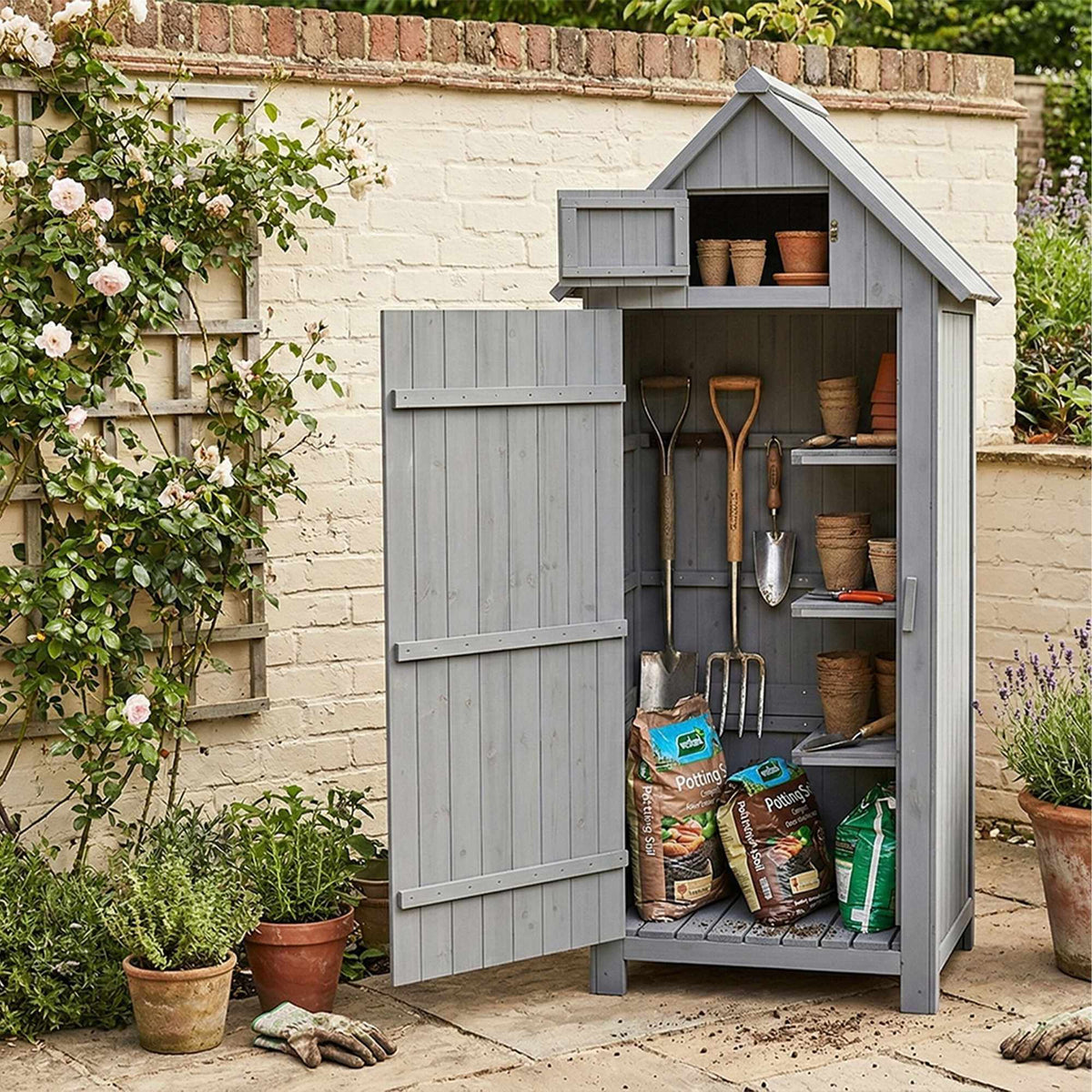 Wooden Garden Shed with Shelves and Roof Storage