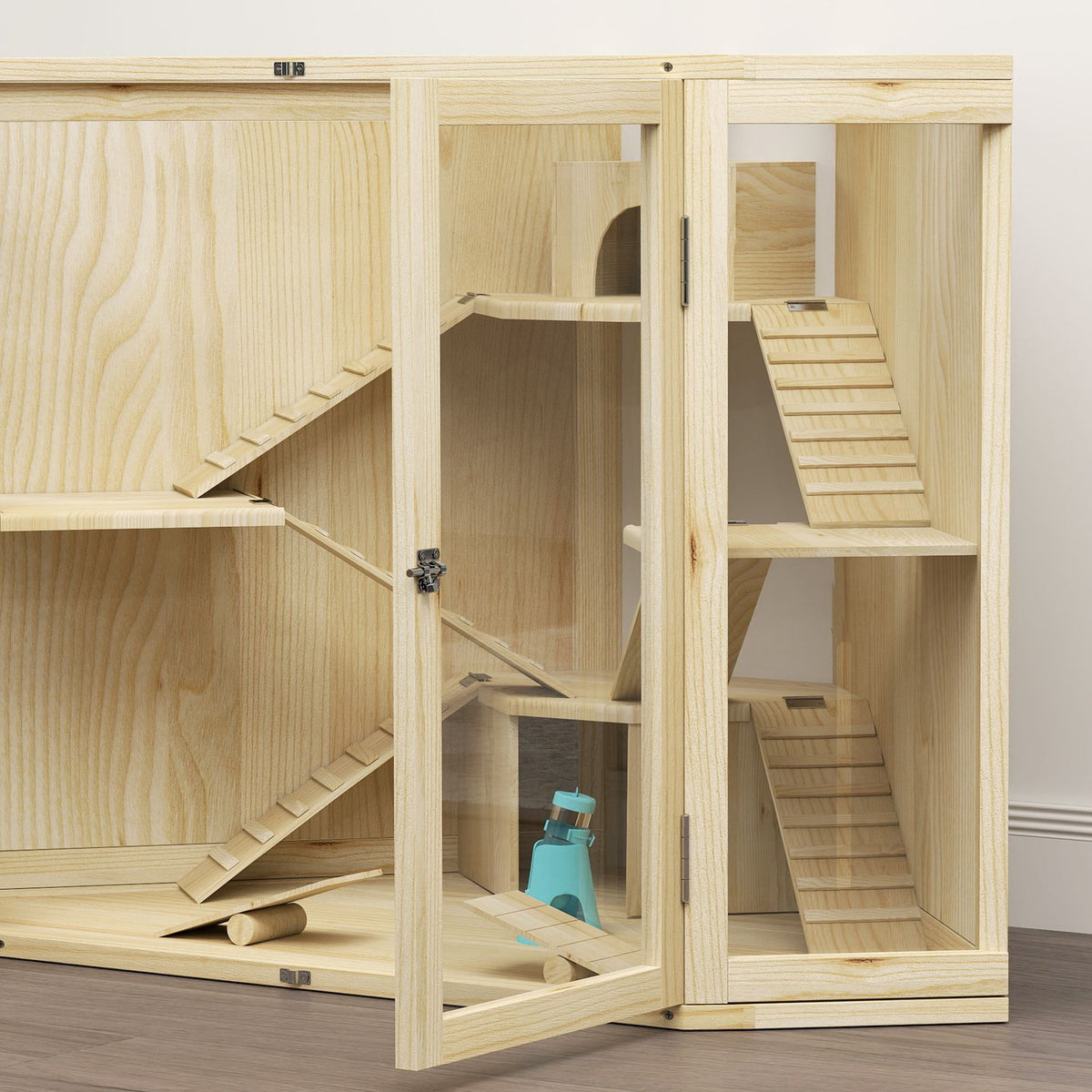 Wooden Hamster Cage, Small Animal Hutch with 4 Levels, Feeding Station, Rocker, Ramp, Huts, Guinea Pig Cage for Dwarf and Syrian Hamsters, 115 x 69.5 x 79 cm