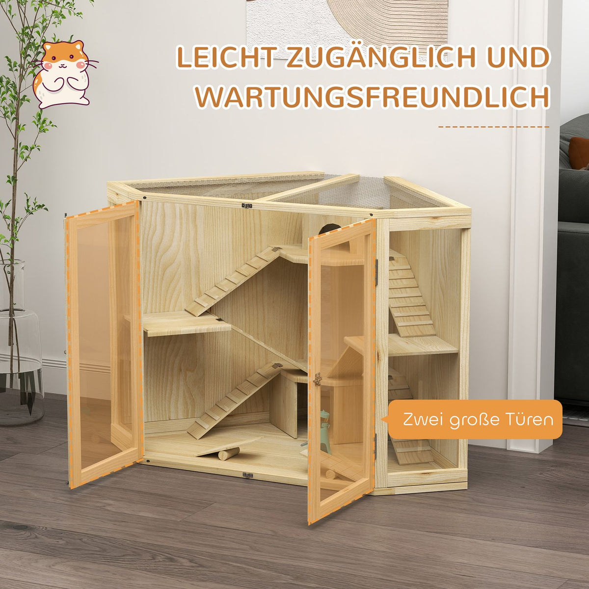 Wooden Hamster Cage, Small Animal Hutch with 4 Levels, Feeding Station, Rocker, Ramp, Huts, Guinea Pig Cage for Dwarf and Syrian Hamsters, 115 x 69.5 x 79 cm